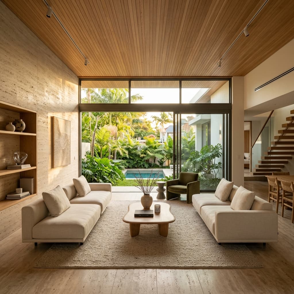 Warm oak and travertine interior detail